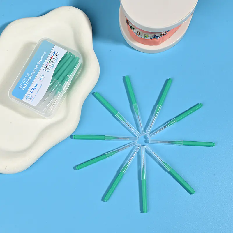 I-type interdental brushes in individual plastic cases, color-coded sizes for dental hygiene, OEM B2B interdental brush packaging for clinics and distributors