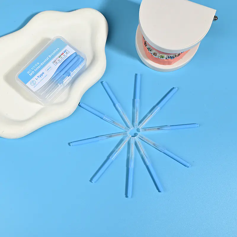 I-type interdental brushes in individual plastic cases, color-coded sizes for dental hygiene, OEM B2B interdental brush packaging for clinics and distributors