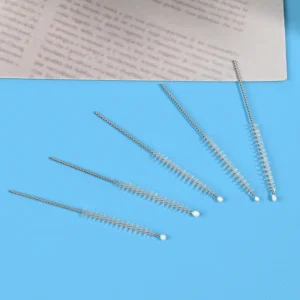 Medical device cleaning brush heads with stainless steel twisted wire and soft nylon bristles, designed for thorough cleaning of narrow channels, tubes, and internal lumens, ideal for B2B medical, dental, and laboratory equipment cleaning use.