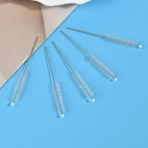 Medical device cleaning brush heads with stainless steel twisted wire and soft nylon bristles, designed for thorough cleaning of narrow channels, tubes, and internal lumens, ideal for B2B medical, dental, and laboratory equipment cleaning use.