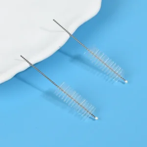 Medical device cleaning brush heads with stainless steel twisted wire and soft nylon bristles, designed for thorough cleaning of narrow channels, tubes, and internal lumens, ideal for B2B medical, dental, and laboratory equipment cleaning use.
