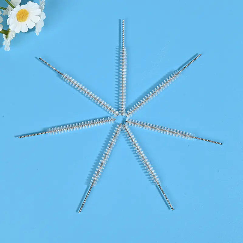 Medical device cleaning brush heads with stainless steel twisted wire and soft nylon bristles, designed for thorough cleaning of narrow channels, tubes, and internal lumens, ideal for B2B medical, dental, and laboratory equipment cleaning use.