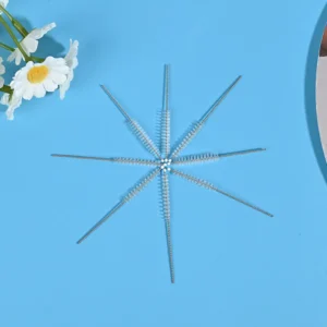 Medical device cleaning brush heads with stainless steel twisted wire and soft nylon bristles, designed for thorough cleaning of narrow channels, tubes, and internal lumens, ideal for B2B medical, dental, and laboratory equipment cleaning use.