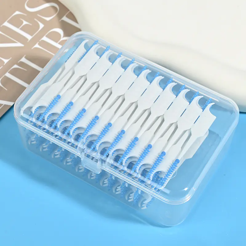 top view bulk pack blue silicone interdental brushes in clear storage box