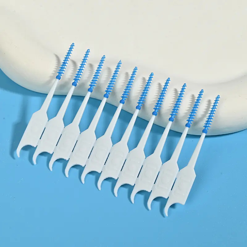 close-up of blue silicone interdental brushes arranged in a row