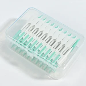top view bulk pack green silicone interdental brushes in clear storage box