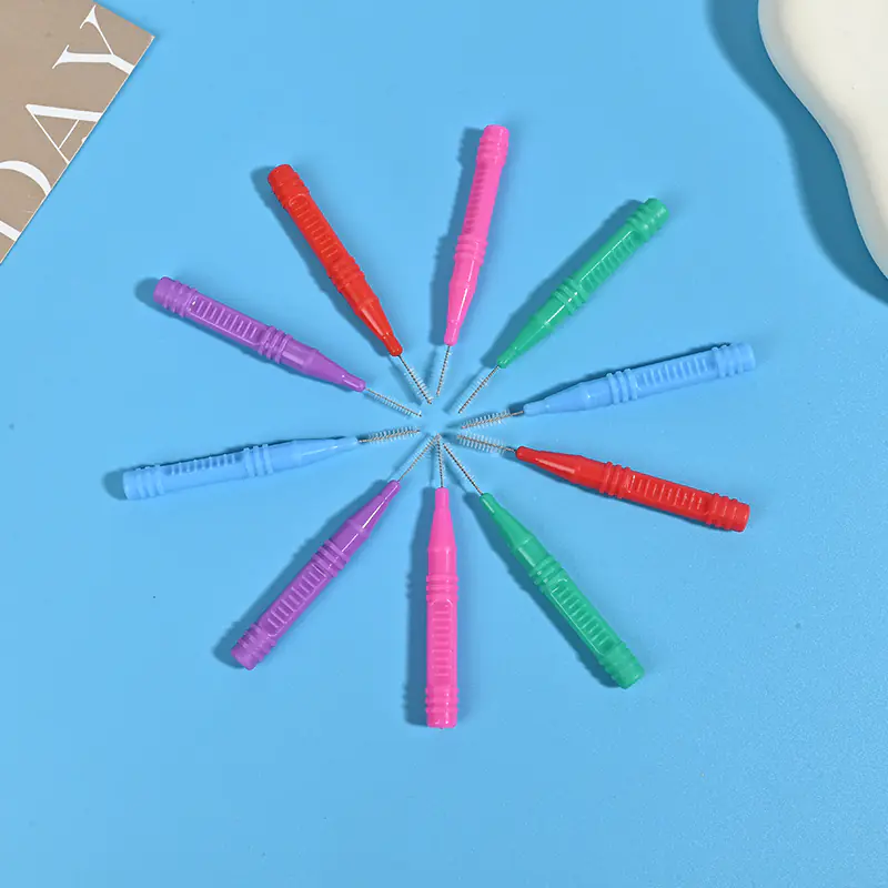 star-arranged colorful i-type interdental brushes showing bristles and handles