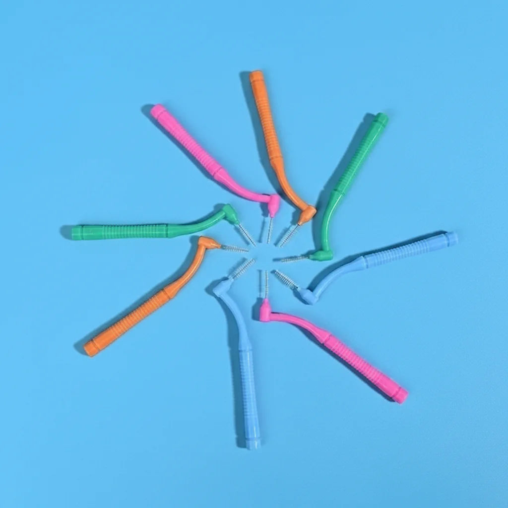 star arranged colorful l-type interdental brushes showing curved handle design