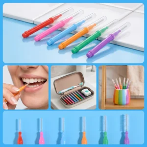 Collage picture including product display, intraoral using scene, travel storage of six-color push pull interdental brushes on blue background