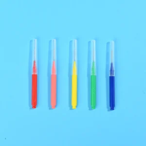 Five color coded long pen shaped interdental brushes with transparent protective tube, portable orthodontic interdental cleaners