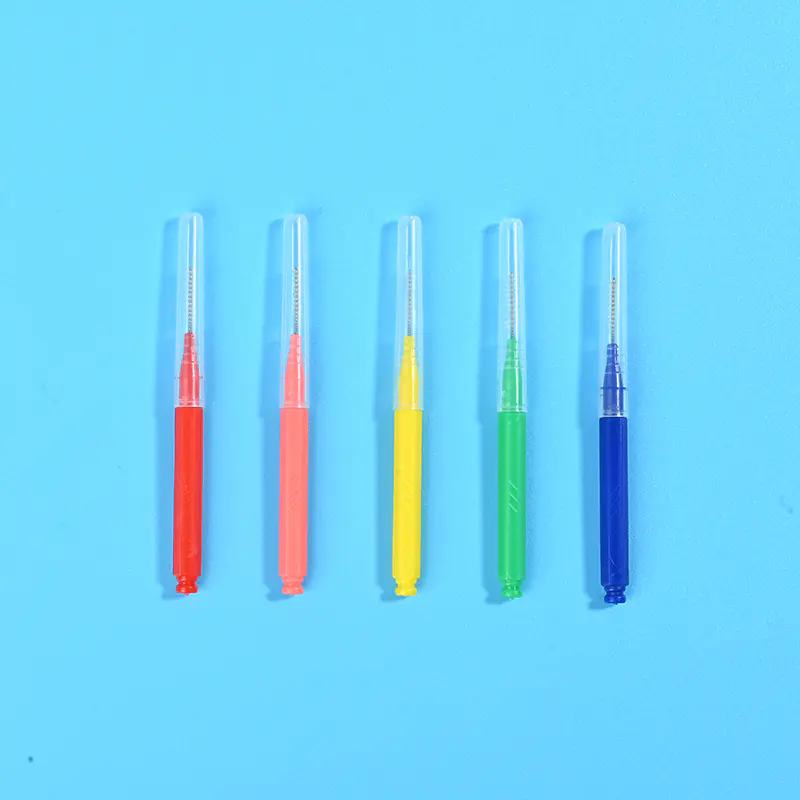 Five color coded long pen shaped interdental brushes with transparent protective tube, portable orthodontic interdental cleaners