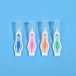 Four color coded ergonomic curved handle interdental brushes with transparent protective tube, orthodontic interdental cleaners