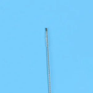 Close-up view of mini bristle head for small channel endoscopy cleaning brush, twisted braided wire core, compact brush tip for ultra-narrow bronchoscope and EUS balloon channel decontamination