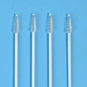 Disposable medical sampling brush with safety round tip, cervical cytology sampling swab brush, lab test tube and pipeline cleaning brush, white plastic handle, nylon bristles, medical grade consumables