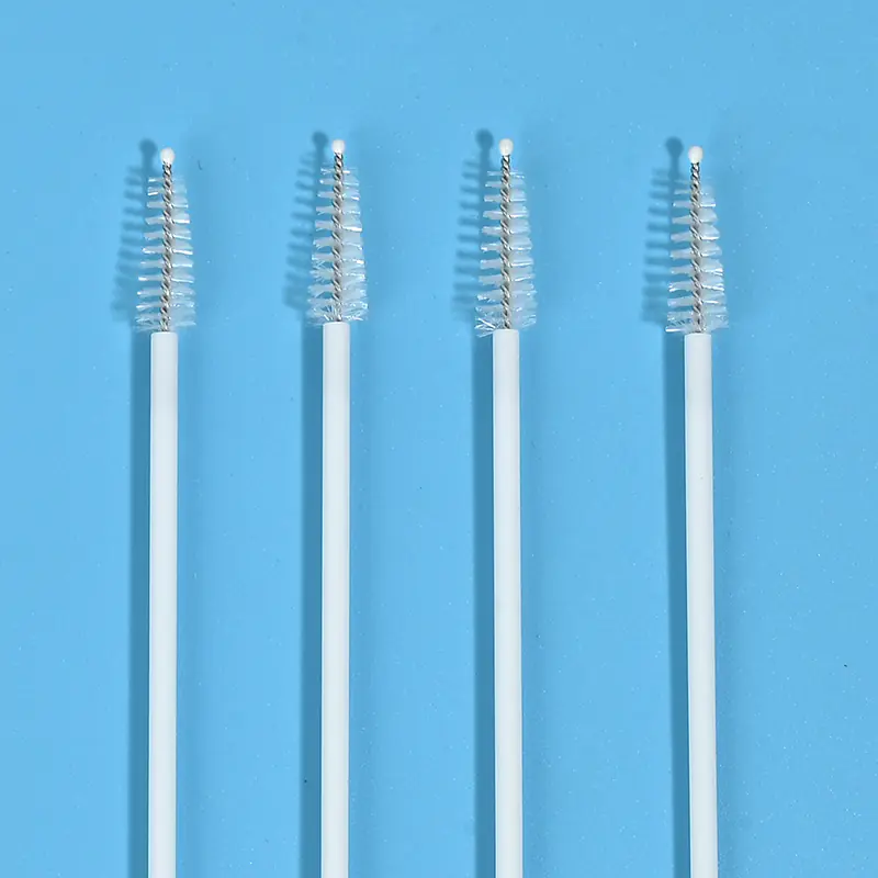 Disposable medical sampling brush with safety round tip, cervical cytology sampling swab brush, lab test tube and pipeline cleaning brush, white plastic handle, nylon bristles, medical grade consumables