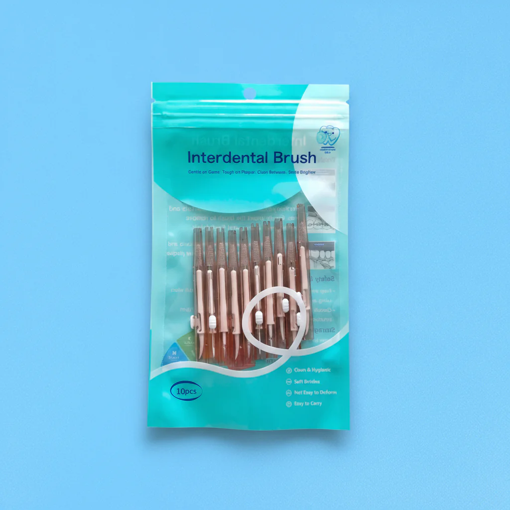 10 pcs pink transparent retractable interdental brush zipper bag packaging, push pull teeth gap cleaning brush