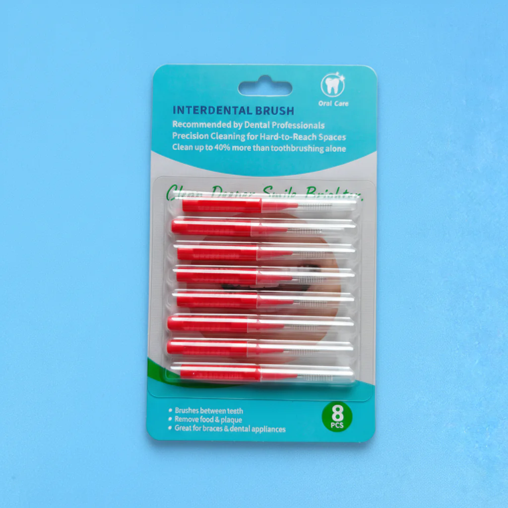 8 pieces red disposable interdental brushes blister card packaging oral teeth gap cleaning tools