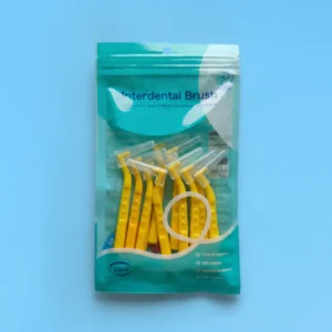 10pcs yellow L-shaped angled interdental brush in turquoise resealable zipper bag, teeth gap cleaner for braces