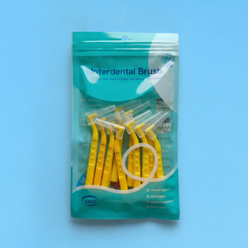 10pcs yellow L-shaped angled interdental brush in turquoise resealable zipper bag, teeth gap cleaner for braces