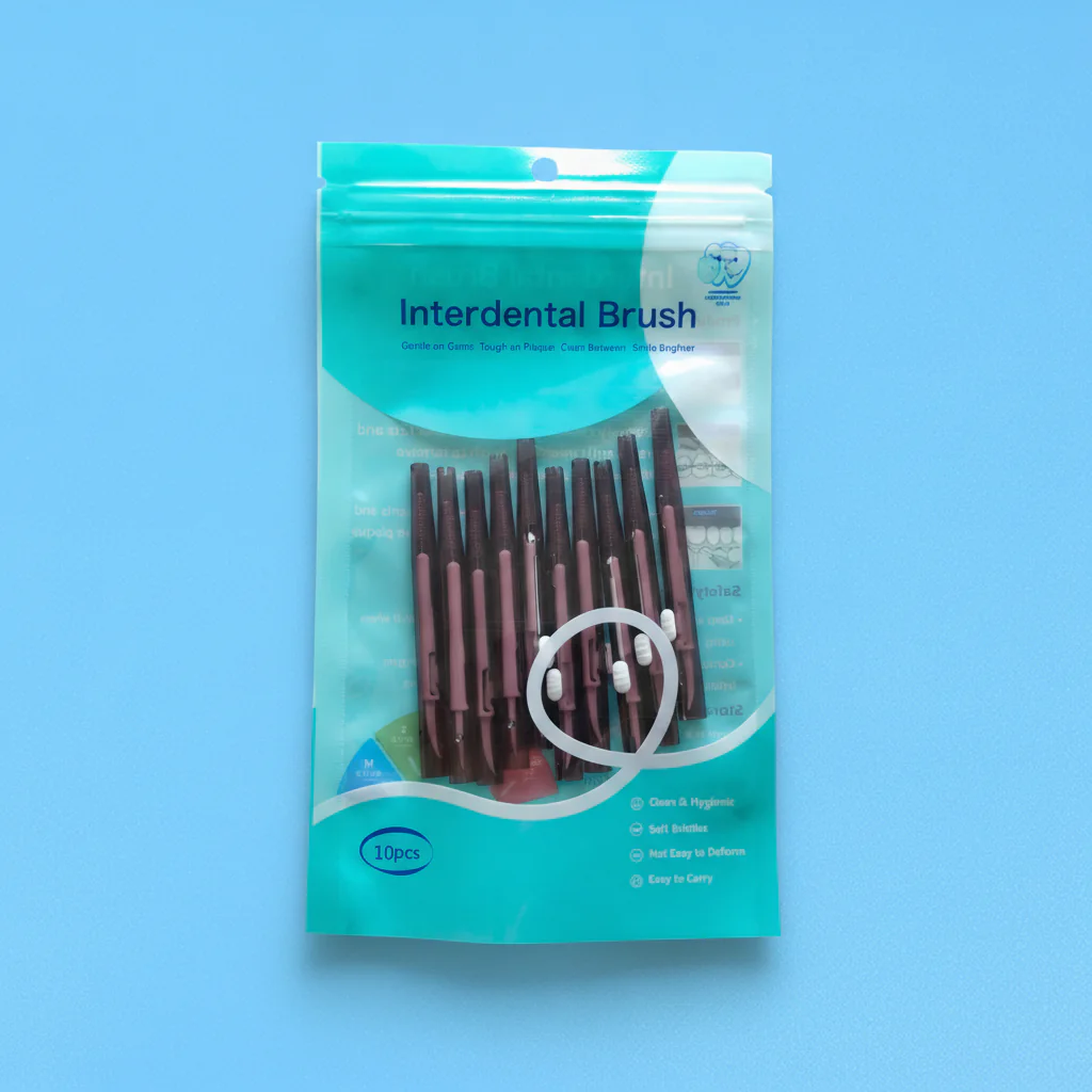 10 pcs dark purple transparent retractable interdental brush zipper bag packaging, push pull teeth gap cleaning brush