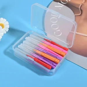 Disposable interdental brushes assorted colors stored in transparent plastic portable case