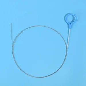 Small channel endoscopy cleaning brush with blue plastic finger loop handle, braided metal shaft, single use mini brush for bronchoscope narrow channels and EUS balloon channel cleaning