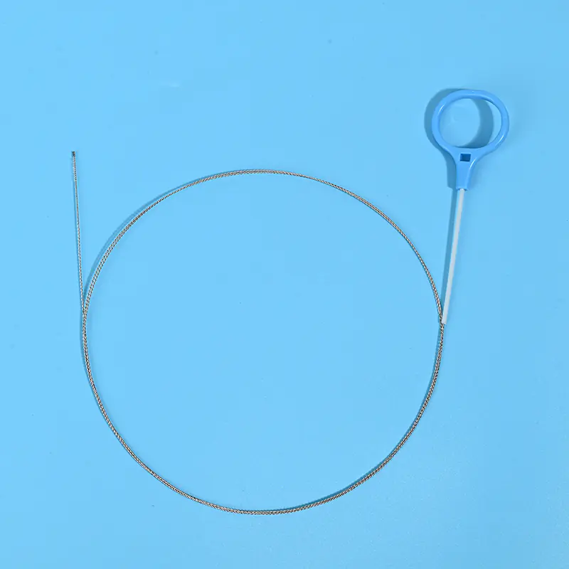 Small channel endoscopy cleaning brush with blue plastic finger loop handle, braided metal shaft, single use mini brush for bronchoscope narrow channels and EUS balloon channel cleaning