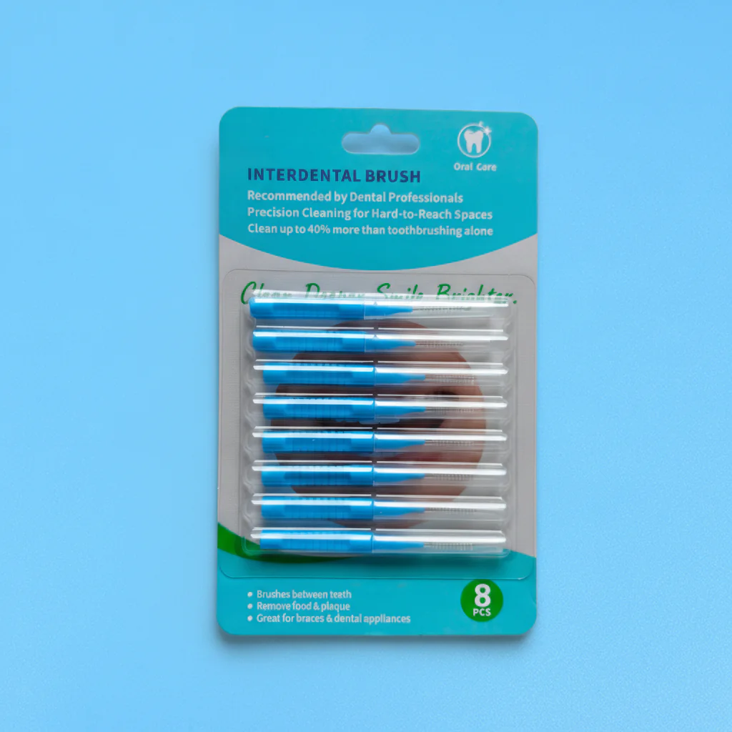 Disposable blue handle interdental brush 8 pcs blister pack, oral care teeth cleaning brush for braces
