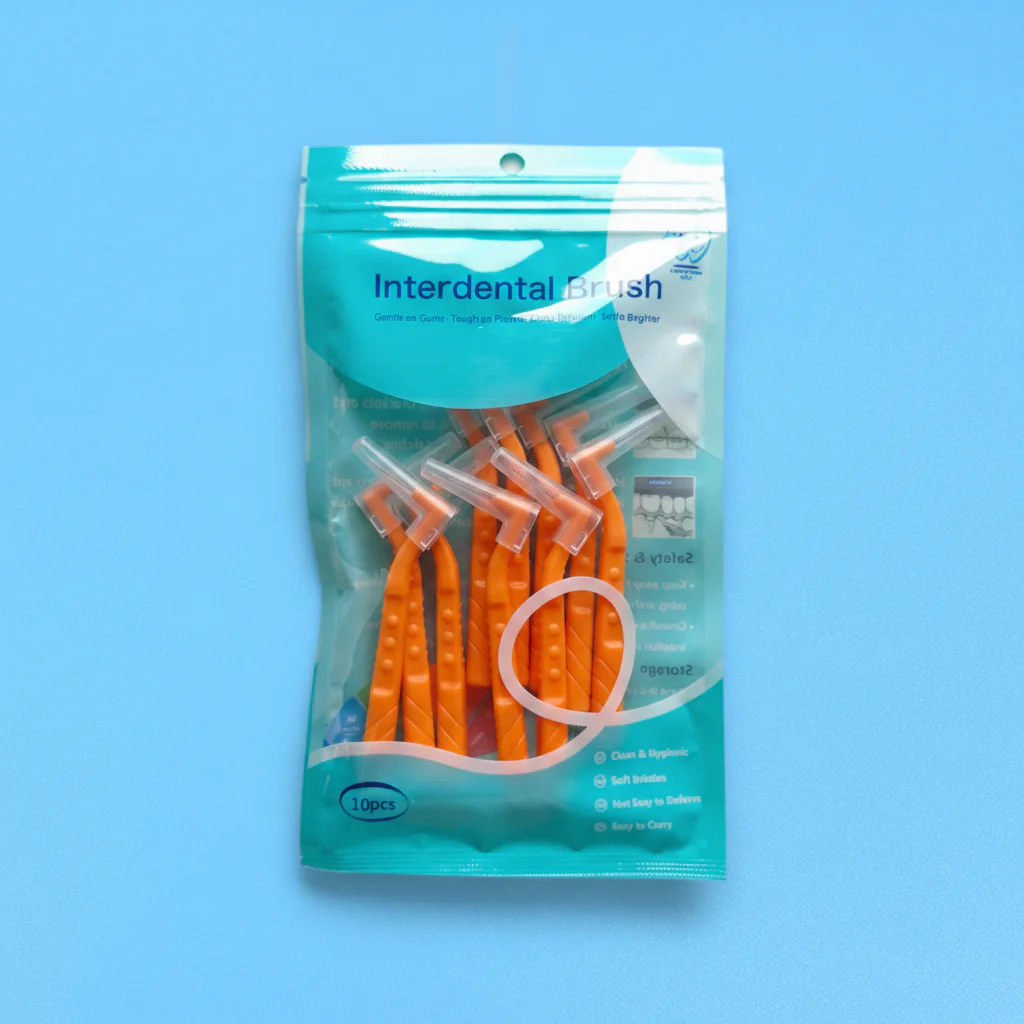 orange l-type angled interdental brush 10 pieces resealable zip bag with protective cap, orthodontic teeth gap cleaner for braces plaque removal dental wholesale