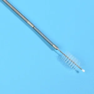 Close-up nylon bristle brush head with protective rounded tip for dilator cleaning brush, 3mm diameter brush for esophageal dilator lumen decontamination