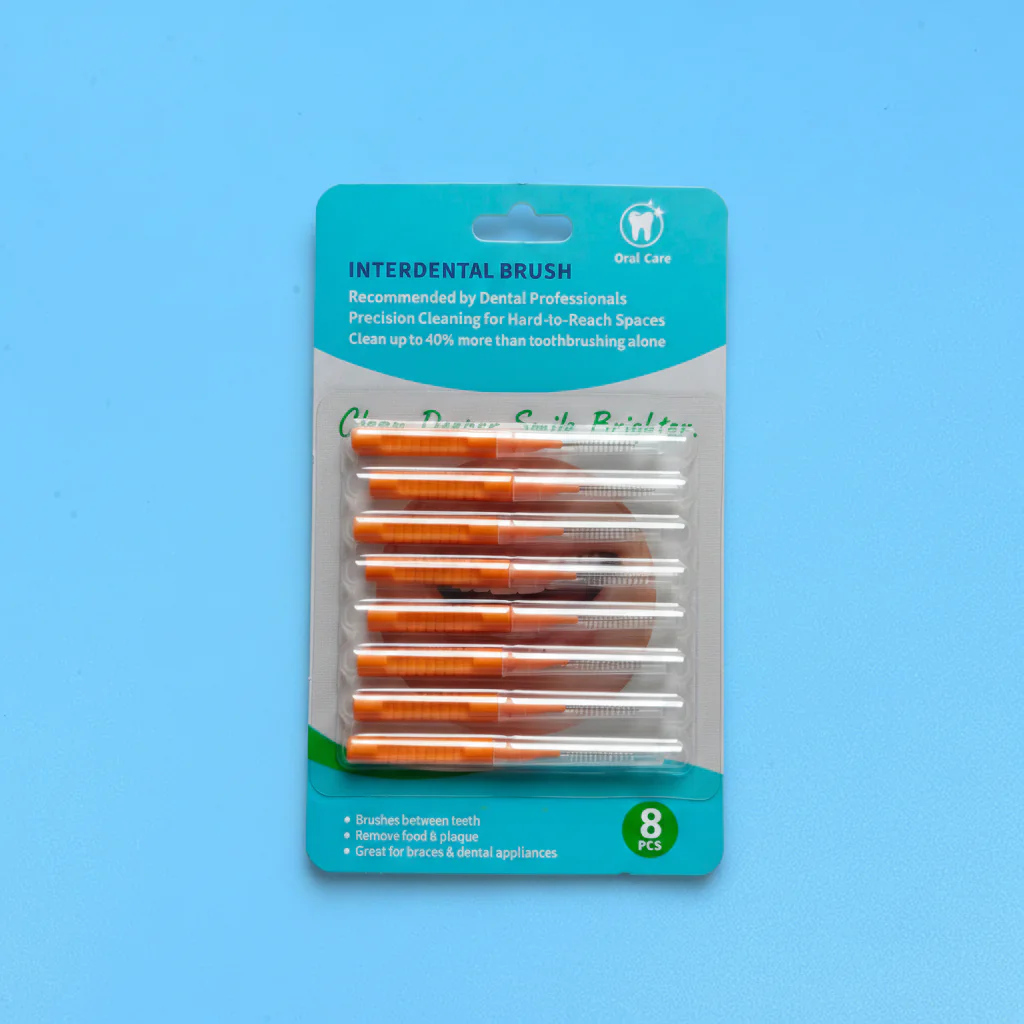 8 pcs orange handle I type interdental brush blister card pack, disposable teeth gap cleaner for orthodontic braces daily oral care, bulk wholesale & custom OEM private label available