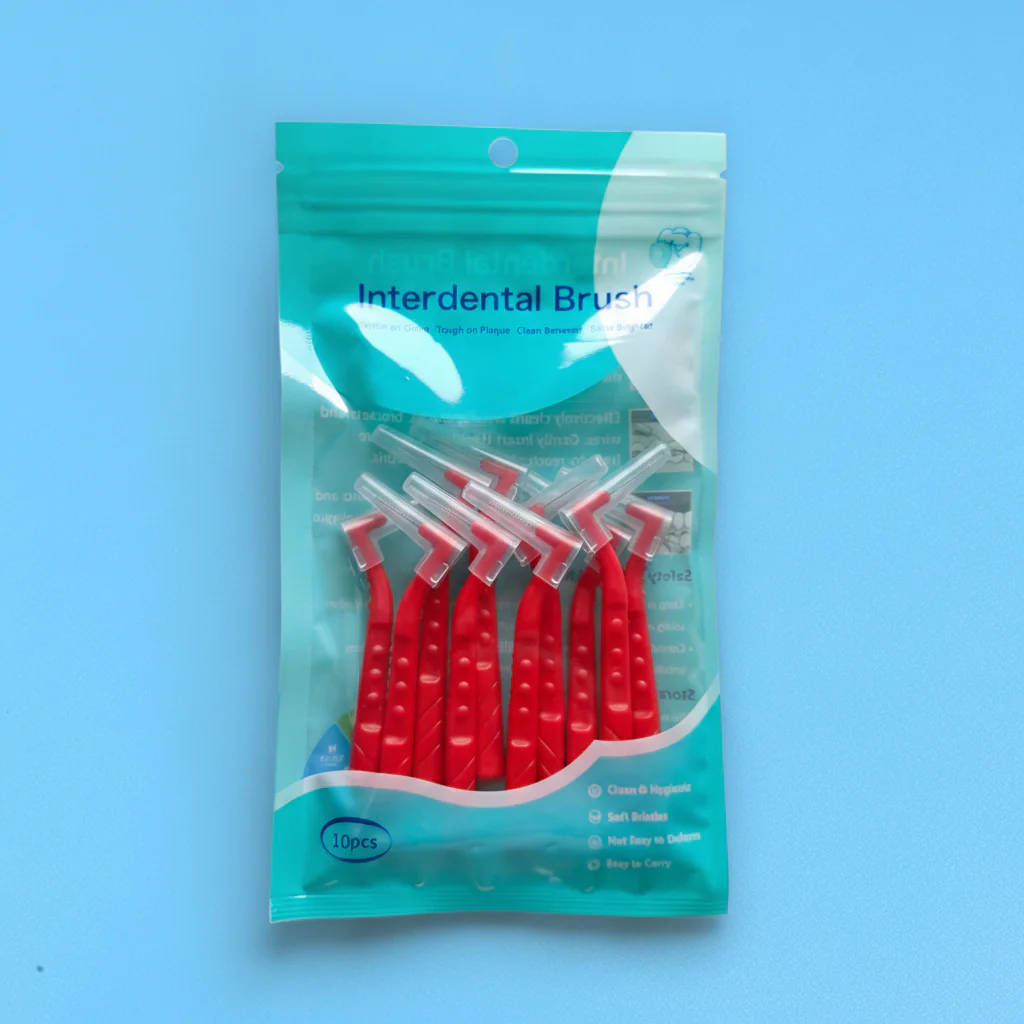 red l-type angled interdental brush 10 pieces resealable zip bag with protective cap, orthodontic teeth gap cleaner for braces plaque removal dental wholesale