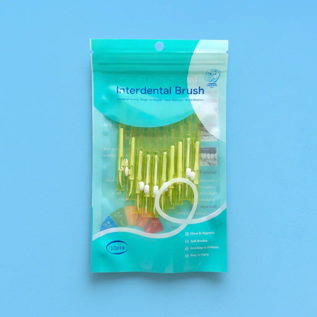 10 pcs yellow transparent retractable interdental brush zipper bag packaging, push pull teeth gap cleaning brush