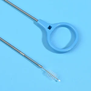 Dual detail shot of dilator cleaning brush blue finger loop handle and nylon bristle working tip, disposable endoscopic dilator maintenance cleaning accessory