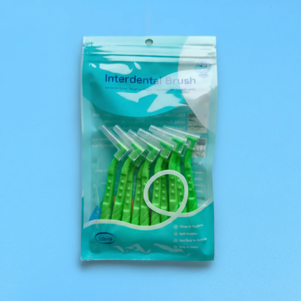 green l-type angled interdental brush 10 pieces resealable zip bag with protective cap, orthodontic teeth gap cleaner for braces plaque removal dental wholesale