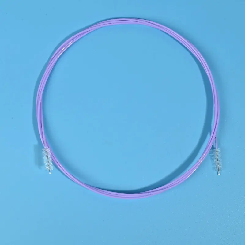 Purple double-ended disposable endoscope cleaning brush, 1.8mm catheter diameter, 230cm length, 7mm bristle diameter, rounded protective fluorescent tip for endoscope lumen and valve deep cleaning