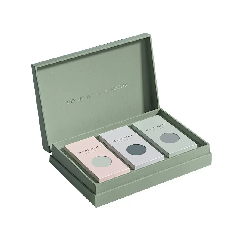 Light sage green rigid flip gift box for interdental brush packaging, 3 pastel individual paper boxes inside pink gray mint green, premium customized oral care gift packaging, wholesale cosmetic style dental gift box for B2B pharmacy & dental brand OEM