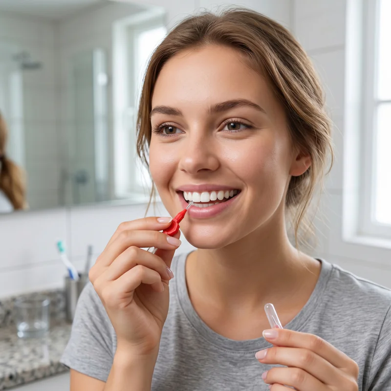 Using red interdental brush for daily interdental cleaning in home bathroom